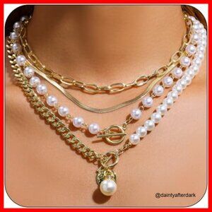 Gold Plated Layered Pearl Chain Necklace Set Stainless Steel Adjustable